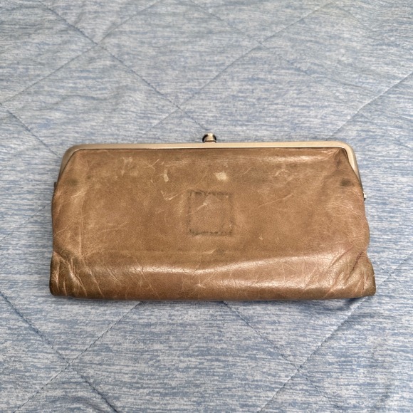 Hobo Est. 1991 Taupe Leather Kisslock Clutch Wallet Floral Interior Tan Black - Picture 3 of 11